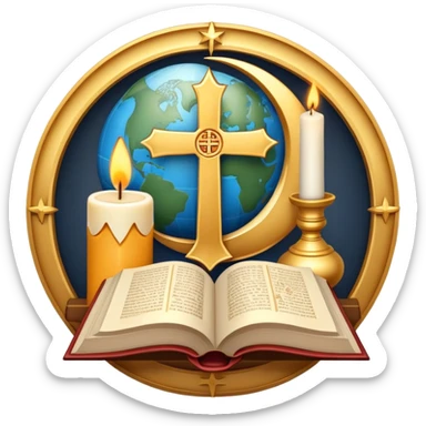 An icon featuring a holy book, a candle, a cross, and Islamic crescent and star, alongside a Buddhist wheel of Dharma, symbolizing religious studies. The design includes a globe with these symbols, representing the diversity of beliefs. Transparent background  sticker