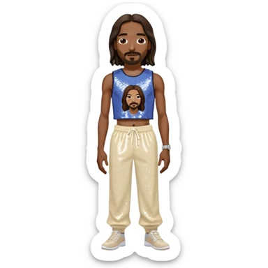 Snoop Dogg with long dark brown hair, periwinkle sequin crop top, cream sequin baggy pants sticker