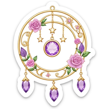 Epic beautiful gorgeous cute gold suncatcher, threads with shiny sparkly amethyst and rose-quartz gemstones, flowers, crescents-moons, stars, leaves sticker
