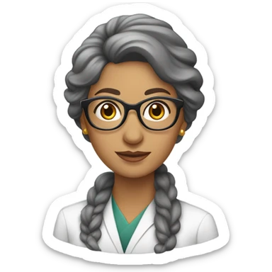 Professora com jaleco branco, morena clara, com cabelos longo castanho escuro, penteado uma trança de lado, usando brinco e óculos de grau redondo. sticker