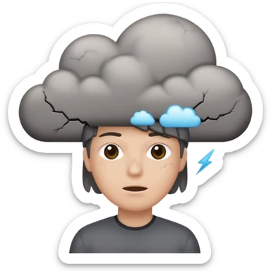  battery with no energy and cracks on it and a gray cloud abouve the head sticker