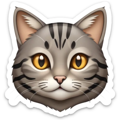 cinematic-cute-grey-and-black-brown-tabby-cat-portrait-emoji,-head-tilted-playfully-and-inquisitively,-sleek-grey-brown-fur-with-bold-black-tabby-stripes-and-a-distinctive-m-shaped-marking-on-the-forehead,-sparkling-amber-eyes,-simplified sticker