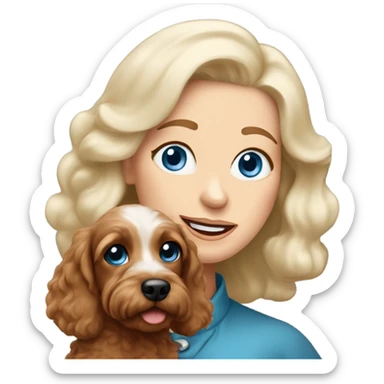 blue eyed old blonde lady with brown Cockapoo puppy dog sticker