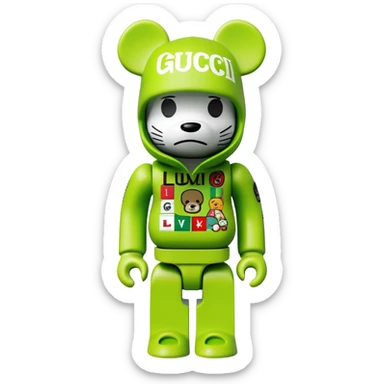 bearbrick with cube head in a lime green balaclava heavily tagged with multiple luxury and street brand logos, random placement like street graffiti, Supreme, Gucci, LV, Nike swooshes all mixed in wild street art style sticker