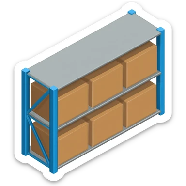 A 3D isometric icon of a large industrial warehouse shelf with several neatly stacked brown cardboard boxes. Soft rounded corners, vibrant colors, clean studio lighting, high resolution, minimalist 3D render style sticker