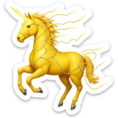 A yellow horse made entirely of crackling electricity, with visible yellow wires, lightning bolts shooting off its body, and a dynamic galloping pose. sticker