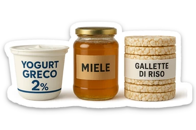 Yogurt Greco 2%
Miele
Gallette di Riso
vista frontale, iperrealistico 4k sticker
