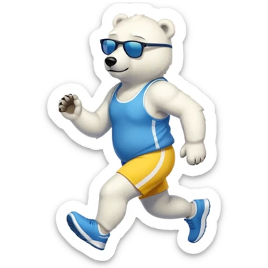 friendly anthropomorphised polar bear jogging upright, wearing blue and yellow athletic outfit and dark sunglasses sticker