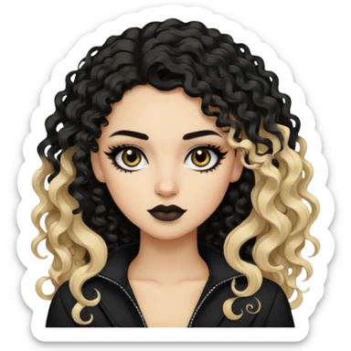 split dye leftside blonde rightside black-brown hair, baddie, pretty makeup, black eyeliner, long and curly hair sticker