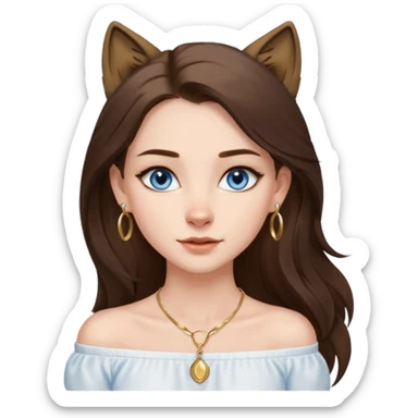 A pretty white girl with brunette hair blue eyes  thin gold hoop earrings and a matching gold necklace in a white shirt that cuts off the shoulders her hair is long and she has a wolf cut sticker