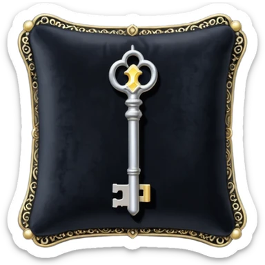 A Discord emoji of a black velvet cushion holding a glowing silver key. Ornate, royal gothic style, simple and clean for small scale, white background. sticker