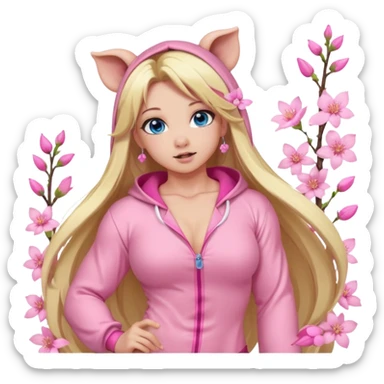 sexy and muscled, full body, in pink kegurumi pijamas, pig hood, sexy woman, long blond hair, beautiful blue eyes, makeup, earrings, muscled, surrounded by pink flowers and sakura petals sticker