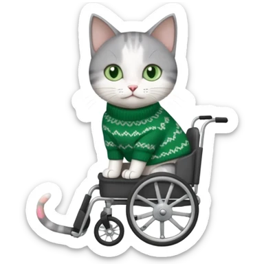full body small short hair dark grey and white cat with green eyes walking in a wheelchair for cats sticker