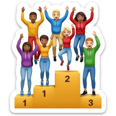 multi-racial people in colorful jeans t-shirts and hoodies on a winners’ podium with middle step higher, no numbers, one person jumping, excited fun expressive emoji style sticker