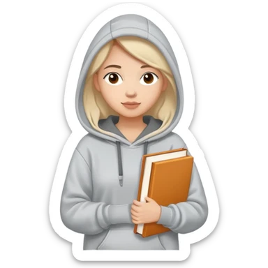 A flat-style illustration of a woman college student with a tote bag over her shoulder and a book in one hand. The student wears a hoodie. Clean cartoon style, white background, iOS emoji aesthetic. sticker