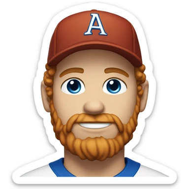 35 year old, male, short curly red hair, pale, thick beard, blue eyes, baseball hat sticker