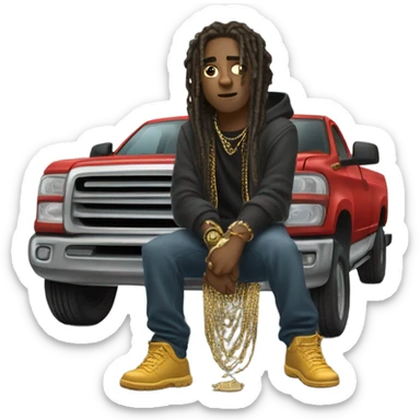 young hustler with dreads PUSHING TRUCK with both hands wearing a hoodie  with gold jewelry chains on sticker