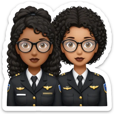 femme pilote d'avion en uniforme noir aux cheveux bouclés noir et petites lunettes arrondis identique avec des cheveux très long et la peau noir mais légèrement plus claire avec les cheveux attachés. 1 seule personne, cheveux moins épais  sticker