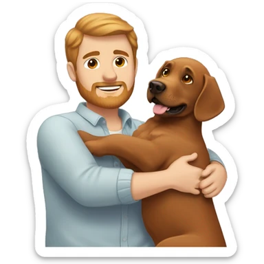 Red Labrador giving brown haired man a hug with no facial hair sticker