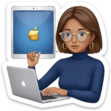 Woman with brown hair wearing navy blue turtleneck, gold hoops and blue screen glasses typing on laptop sticker