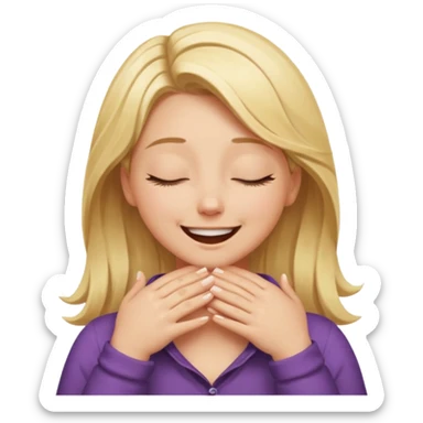 Happy blonde girl with eyes closed and mouth smiling and hands cupped around her neck - her eyes are squinty with excitment sticker