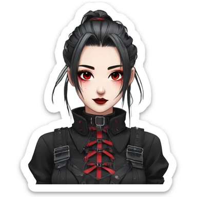 Gorgeous gothic dark techwear anime style lady with blushing face aesthetic and pretty edgy black red punk messy ponytail hair with collar and harness trending style sticker