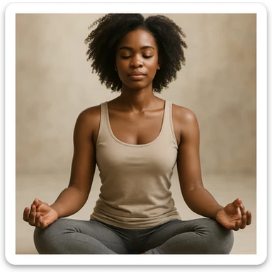 realistic style portrait of a black woman meditating, sitting in lotus position, with a soft background sticker