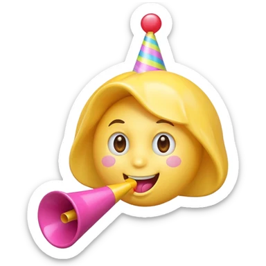 happy face blowing a party horn with pink heart sticker