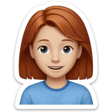 shrugging happy emoji tween long auburn hair light blue shirt with a darker blue L sticker