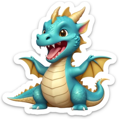 Cinematic Cute Yawning Dragon Portrait Emoji, Head tilted slightly with a dramatic, wide-open yawn, showcasing a soft, lustrous scaled body with gently drooping fins and half-closed, drowsy eyes, each scale rendered in exquisite detail under natural light; high shine, relaxed yet expressive, styled with a dash of fantastical charm, soft glowing outline, capturing the essence of a sleepy yet affectionate dragon that appears ready to stretch out and rest in its enchanted lair! sticker