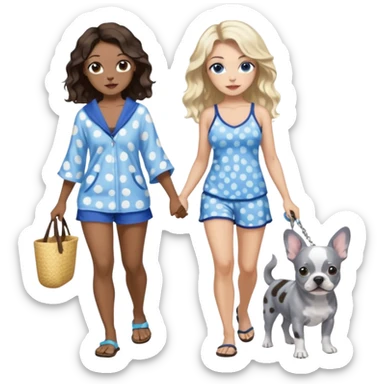 2 pretty women in beach clothes, one hazel eyed light skin with dark brown wavy long hair, walking a blue and gray spotted Merle Frenchie the other blue eyed light skin long blonde hair walking a black chihuahua  sticker
