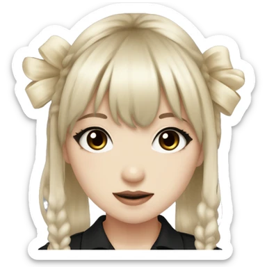 hime gyaru girl, pale skin with brown eyes and black hair with bangs, bows, dark makeup, black shirt sticker