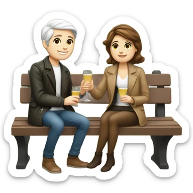 couple of white skin people and brown hair, sitting closely on a park bench, enjoying a romantic moment. One person is holding a croissant, and the other is holding a glass of Prosecco.  sticker