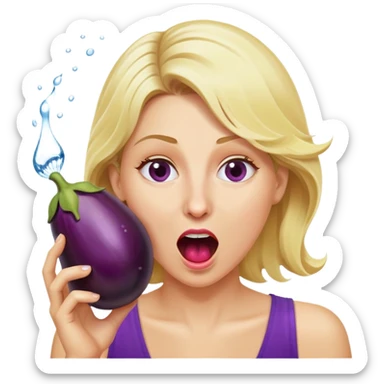 blond woman biting an aubergine, water jet coming out of the eggplant, shocked expression sticker