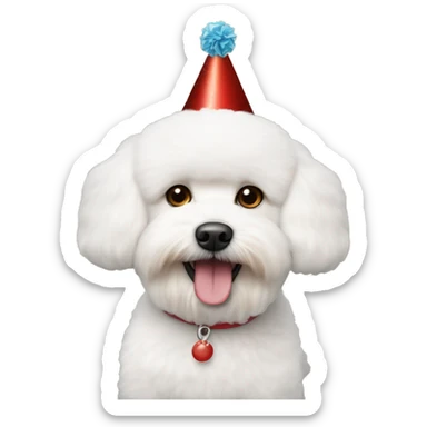 A white fur bichon frise with brown fur at the end of the ear and red nose with a birthday party hat and reddish eyes sticker
