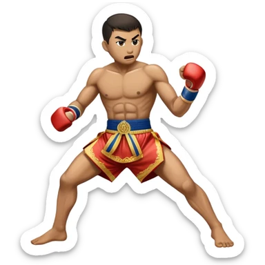 Cinematic Realistic Traditional Muay Thai Emoji, depicted as an intense dynamic martial arts scene featuring a fighter in traditional Muay Thai stance and attire, rendered with rich textures and energetic dramatic lighting that captures the sport's raw power. sticker