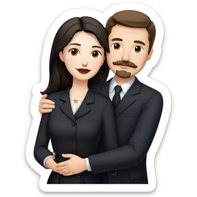 middle aged couple, tall white man with brown hair goatee mustache hugging a pale woman with long black hair, wearing elegant clothing sticker