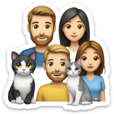 Family emoji: 1 man with brown eyes brown hair and brown beard,1  woman with blue eyes brown hair, 1 black-white cat with yellow eyes , 1 red-gray-white cat and yellow eyes sticker