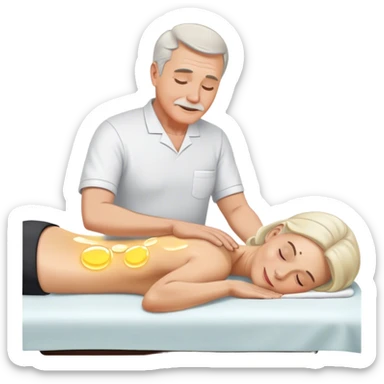 60-year-old white man massaging 60-year-old woman on massage table using oil sticker