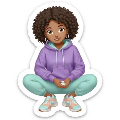 Black girl, clean girl aesthetic, 4C curly hair in a puff, pastel hoodie, white sneakers, minimal jewelry, soft smile, cozy vibe, bright colors,  skin care with White clay mask sticker