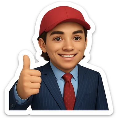 Create a 70% realistic emoji of a smiling man in a pinstripe suit and red cap, giving a thumbs up. The style should blend emoji and realism with even more realistic details than the 60% version but still not fully photorealistic. Transparent background. sticker