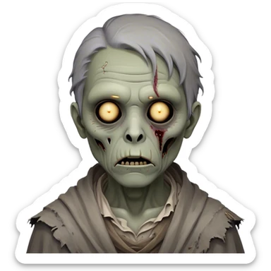 Cinematic Noble Zombie Portrait Emoji, Surprisingly dignified and somber, with a decaying yet strangely regal visage in ashen grays and muted tones, draped in tattered attire hinting at a lost grandeur, simplified yet meticulously detailed, glowing with a soft, eerie radiance and a gentle outline that evokes the tragic nobility of the undead! sticker