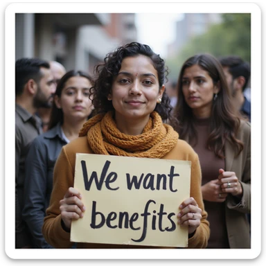 group of indian modern customers holding a board written "We want benefits"with a serious face sticker
