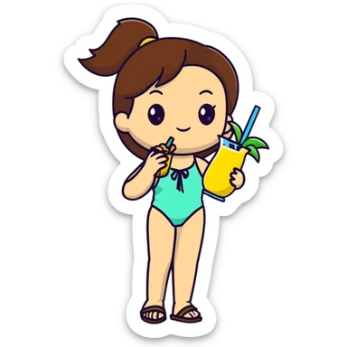 Very tan skinned girl with brown hair wearing a summer outfit sipping a piña colada sticker