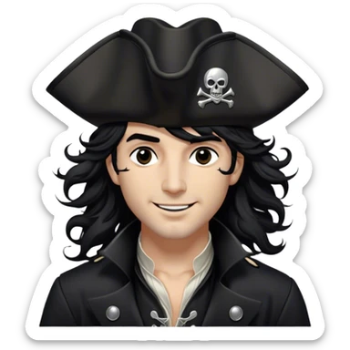 A charismatic pirate with wavy black hair tousled by the breeze. His silver-embroidered tricorn hat casts a shadow. Dark eyes glint with mischief as he looks to the side, a knowing smile on his lips. His black coat, adorned with silver buttons, shifts with the wind sticker