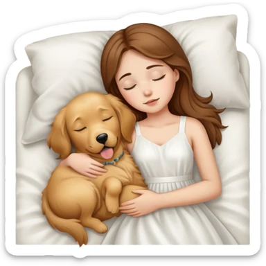 A girl with brown hair, white dress sleep with one golden retriever dog sticker