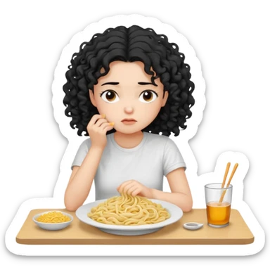 generate a pretty bratz fair skinned girl with curly black hair wearing a white tshirt sitting on a table with noodles. looking sleepy and tired sticker