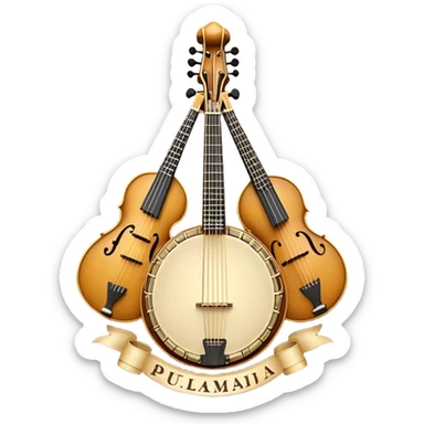 Design a sophisticated, festive, and professional emblem-like emoji representing both plucked and string instruments. The composition should resemble a heraldic crest, featuring a harmonious blend of instruments like a banjo, mandolin, domra, sitar, and others. The necks of these instruments should intertwine gracefully with a flowing ribbon of musical notes, wrapping around the strings and headstocks. The instruments should be artistically detailed, with decorative fretboards, intricate inlays, and ornate carved elements. The overall design should evoke a sense of elegance and craftsmanship, with a color palette of gold, deep wood tones, and rich accents. Include subtle highlights to create depth and dimension, with ornamental flourishes like laurel branches or swirling patterns around the central instruments. The background should be transparent to allow the emblem to stand alone. sticker