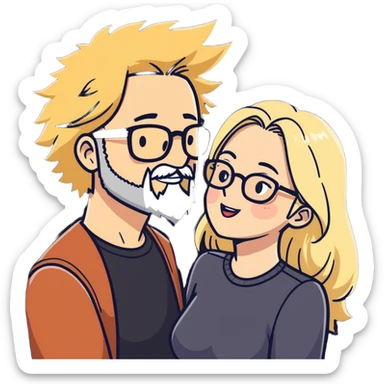 Hyper realistic couple in love, man had short spiky salt and pepper hair and a short stubbly beard and no glasses. The lady is blonde long hair and curvy and wears glasses and makeup sticker