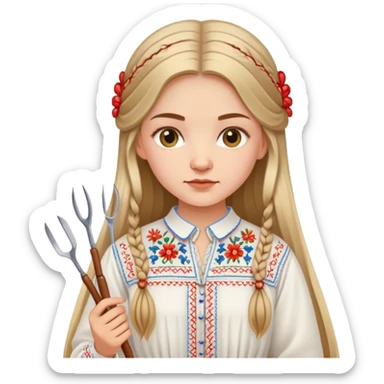 Ukrainian young girl with long hair wearing a white embroidered traditional shirt (vyshyvanka) holding sewing tools like a needle and thread sticker